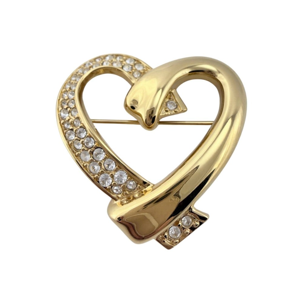 Swarovski Open Heart Brooch Crystal Pavé Swan Mark Pin Gold Tone 1 1/2" EC